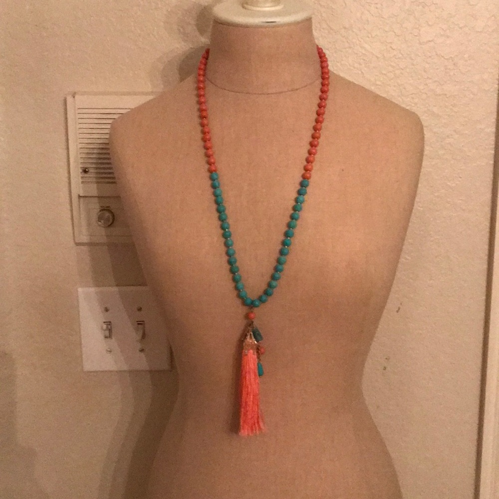 Turquoise and Pink Boho tassel necklace